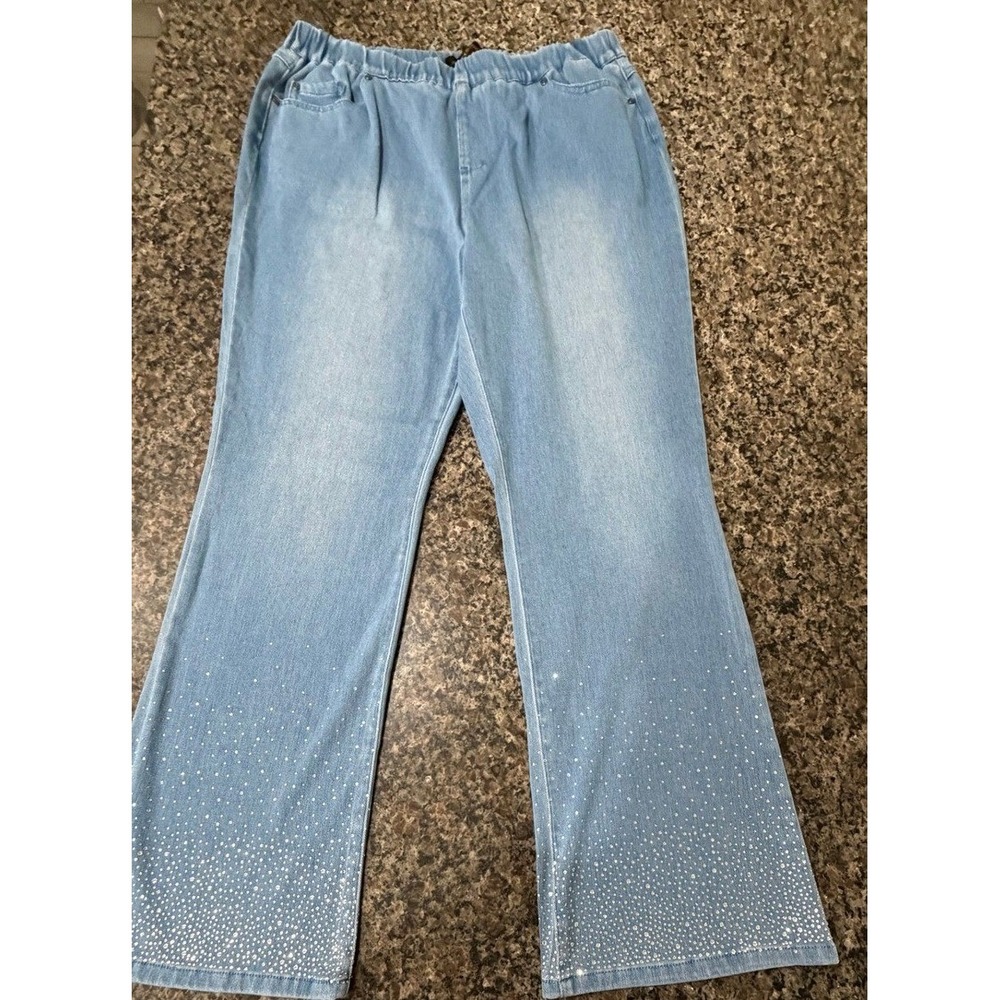 Love Babe Women Light Wash Rhinestone Flare Jeans Elastic Waist Size L